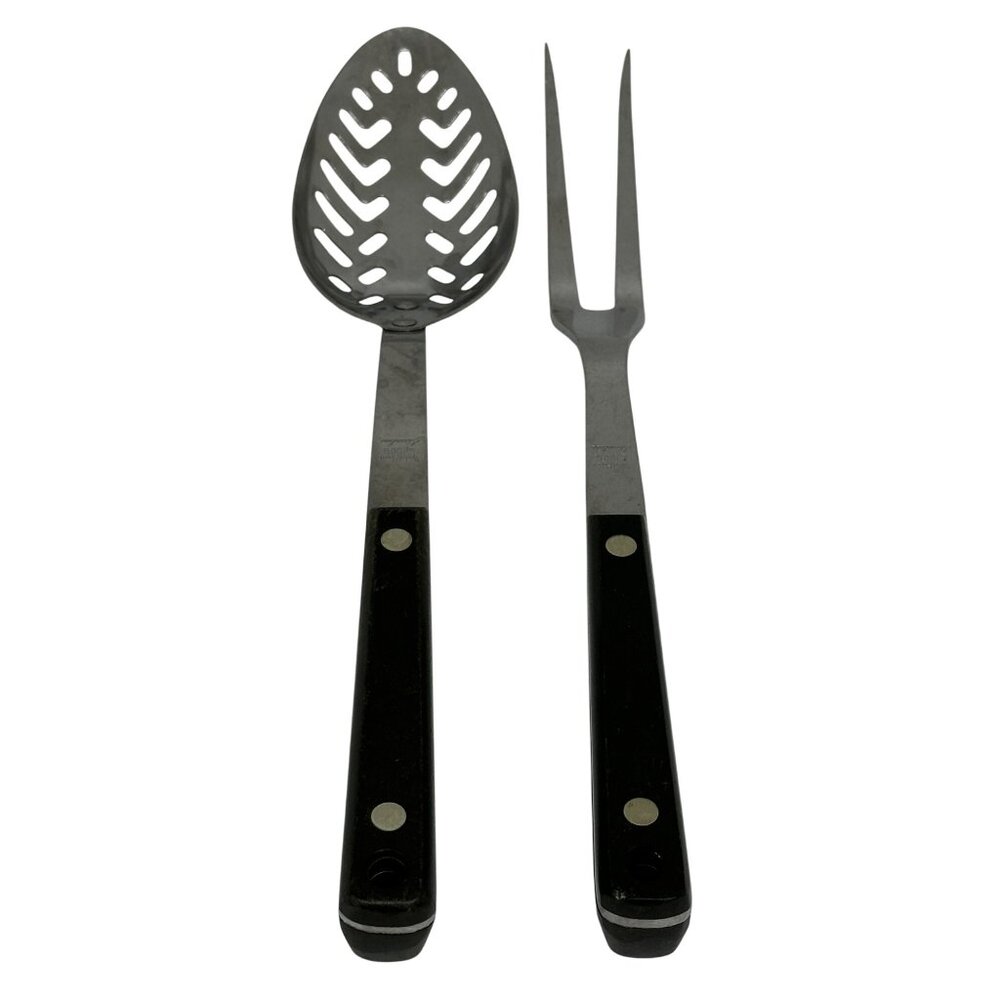 VTG Stainless Carving Set 2 Meat‎ Fork & Slotted Spoon Black Handle 12" Serving